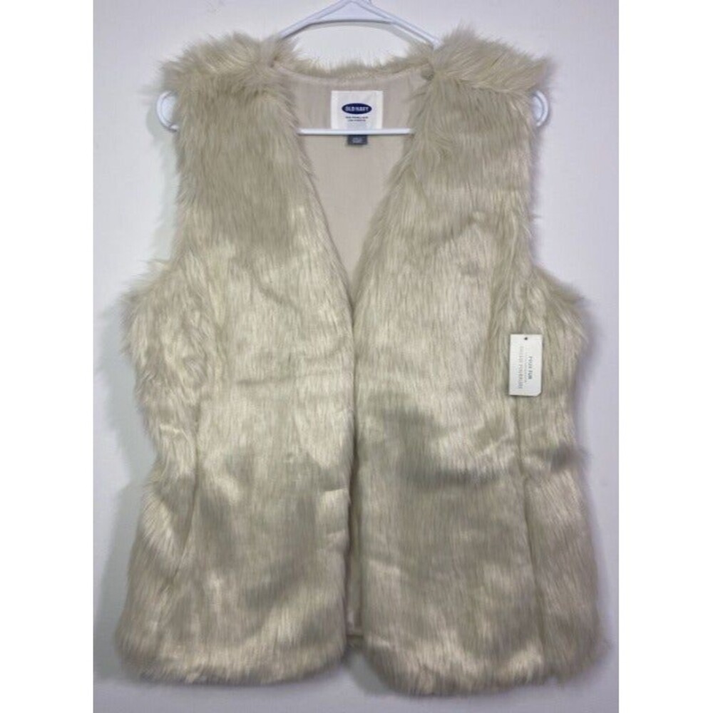 Old Navy Faux Fur Vest Women's M Cream Beige Pockets Hook Eye Front Closure NEW
